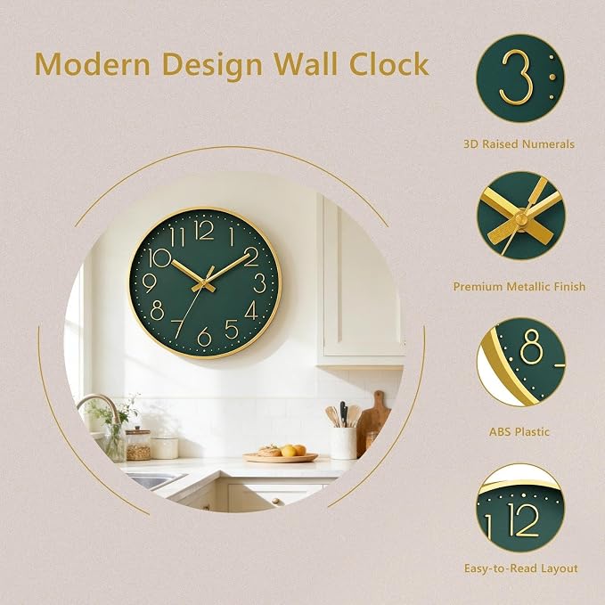 DAXSMY Wall Clock - 12 Inch Silent Non-Ticking Modern 3D Wall Clocks Battery Operated - Decorative Clock for Kitchen, Home Office, Bathroom, Bedroom, Living Room(Dark Green)