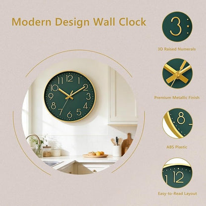 DAXSMY Wall Clock - 12 Inch Silent Non-Ticking Modern 3D Wall Clocks Battery Operated - Decorative Clock for Kitchen, Home Office, Bathroom, Bedroom, Living Room(Dark Green)