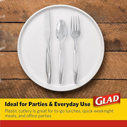 Glad Plastic Heavy Duty Clear Cutlery, 120ct Mixed Forks, Knives, and Spoons| 120 Pieces Set of Heavy Duty Disposable Party Utensils, Sturdy Cutlery