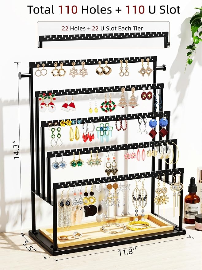 Earring Holder Organizer, 5-Tier Jewelry Display Stand with Matte Black Metal Frame and Wooden Tray, Large Earring Holder for Studs, Hoops, Dangles, Modern Jewelry Organizer for Women