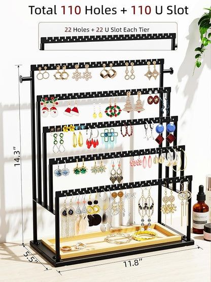 Earring Holder Organizer, 5-Tier Jewelry Display Stand with Matte Black Metal Frame and Wooden Tray, Large Earring Holder for Studs, Hoops, Dangles, Modern Jewelry Organizer for Women
