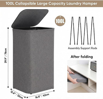 DOKEHOM 100L Laundry Hamper with Lid, Large Collapsible Laundry Basket with Removable Mesh Liner Bag, Collapsible Clothes Sorter for Bedroom, Bathroom, College Dorm, Dark Grey