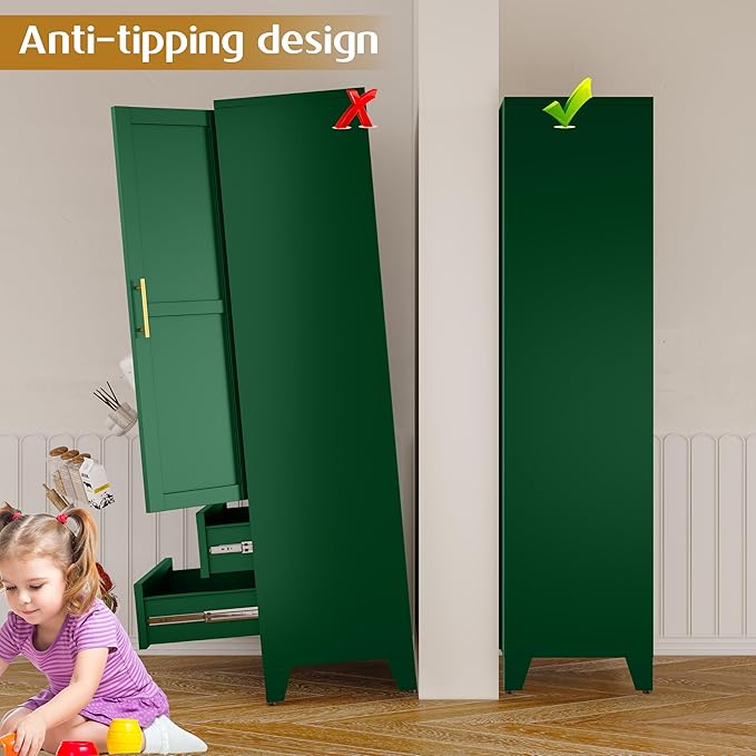 Steel Pantry Cabinet, 71" Metal Storage Cabinets with 2 Doors, 2 Adjustable Shelf and 2 Drawers, Freestanding Storage Cabinet for Bedroom, Kitchen, Home Office (Green)