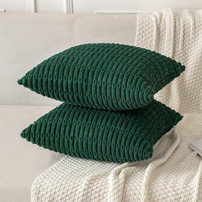 MIULEE Pack of 2 Dark Green Corduroy Decorative Pillow Covers 18x18 Inch Soft Boho Striped Throw Pillow Covers Modern Farmhouse Home Decor for Sofa Living Room Couch Bed