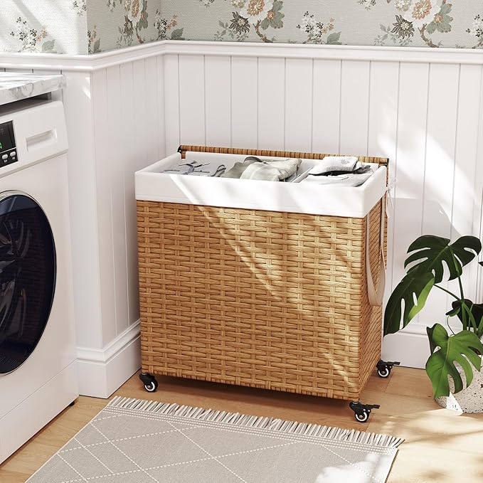 GOFLAME Laundry Hamper with Lid and Wheels, 125L Hand Woven Rattan Laundry Basket with 3 Divided Sections, Handles, 2 Removable and Washable Liner Bags, Dirty Clothes Hamper for Bedroom (Natural)