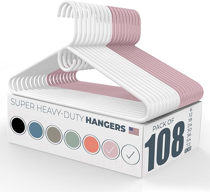 Neaties Super Heavy Duty Clothes Hangers 100 Pack (108 Count) – Made in The USA - 10lb Capacity, Thick Plastic Hangers for Pants, Coats, Jackets, Jeans and Adult Clothing – White & Pink