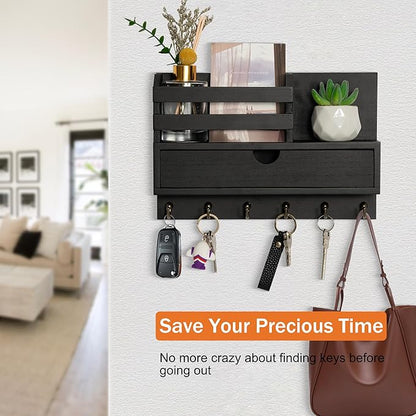 Key and Mail Holder for Wall, Mail Organizer Wall Mount with 6 Hooks and Storage Drawer, Wooden Key Rack Hanger with Shelf for Entryway and Home Decor