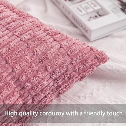 Aegero Pack of 2 Corduroy Decorative Throw Pillow Covers 18x18 Inch Soft Striped Pillow Covers Modern Farmhouse Home Decor for Sofa Living Room Couch Bed（Peach Pink）