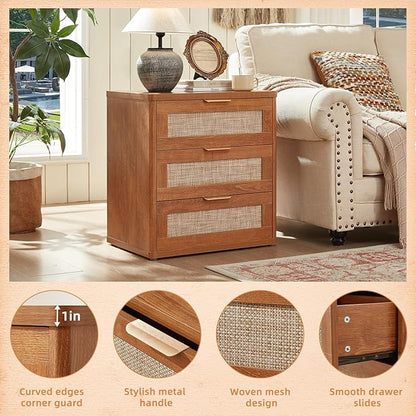 LEYAOYAO Rattan Night Stand Set of 2 with Drawers, 23" Large 3 Drawer Boho Nightstand, Natural Wood Bedside Table Storage Cabinet, Bed Side End Tables Dresser for Bedroom, Living Room, Hallway, Closet