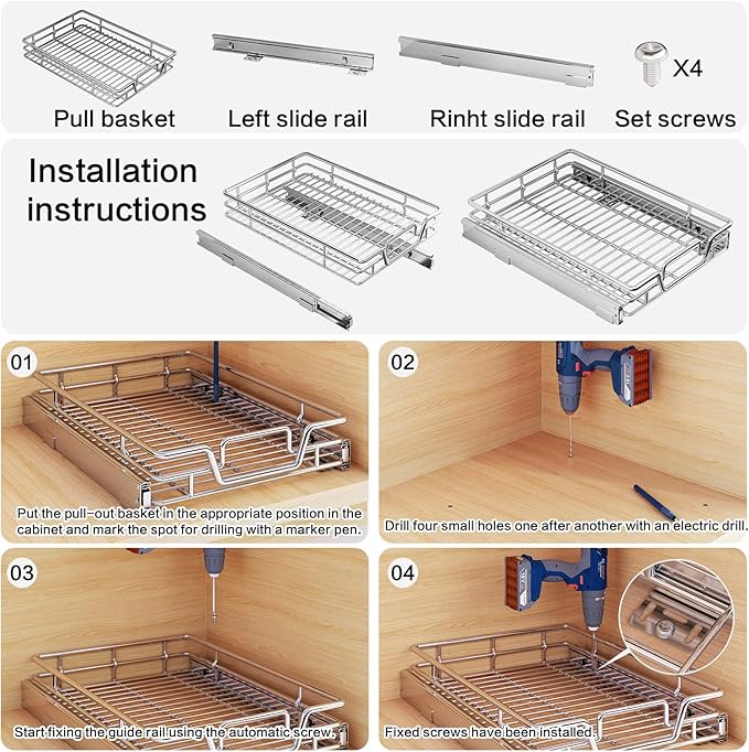 Kitchen Cabinet Pull Out Shelf and Drawer Organizer Slide Out Pantry Storaqe Basket in Multiple Sizes (21" W x 21" D,1 Tier)