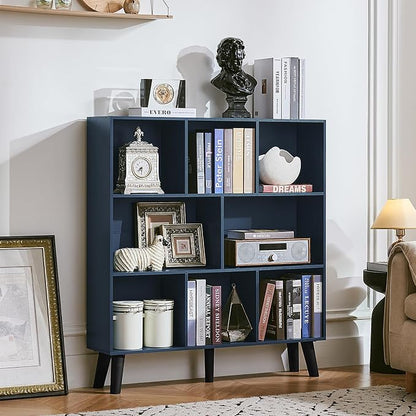 LEYAOYAO 8 Cube Bookshelf,3 Tier Bookcase with Legs,Dark Blue Mid-Century Modern Bookshelves,Large Open Storage Organizer Shelf, Wooden Book Case