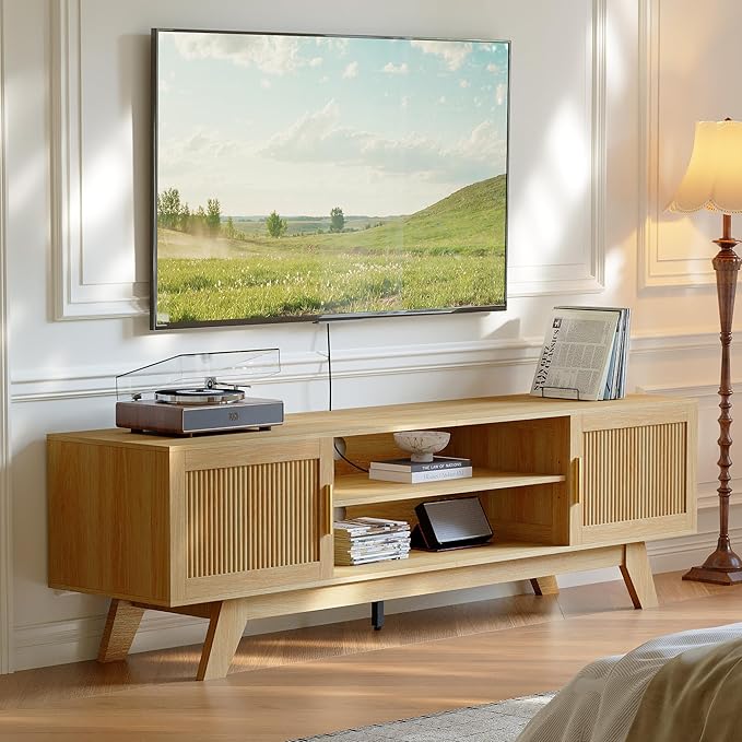 ChooChoo 59.5" Fluted TV Stands for 65 Inch TV, Mid Century Modern Entertainment Center with Storage and Adjustable Shelf, Long TV Console Media Table for Living Room, Bedroom, Natural Oak