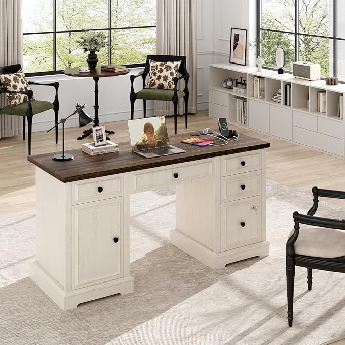 Vipbear 59" Executive Desk, Farmhouse Computer Desk with Drawers, Lockable File Drawer, Storage Cabinet & Power Outlet, Rustic Home Office Desks, Workspace for Work Study Writing, White