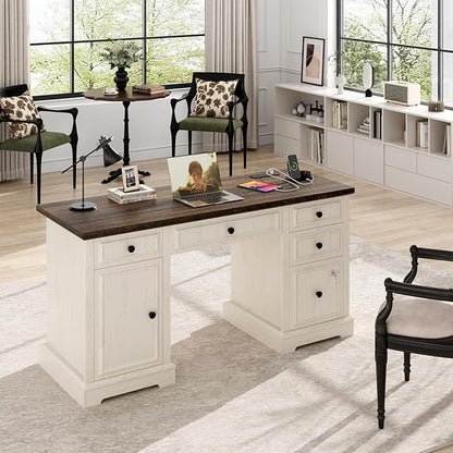 Vipbear 59" Executive Desk, Farmhouse Computer Desk with Drawers, Lockable File Drawer, Storage Cabinet & Power Outlet, Rustic Home Office Desks, Workspace for Work Study Writing, White