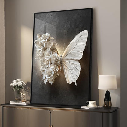 Framed Black and White Butterfly Wall Art, Modern Elegant Prints Paintings Artwork for Walls, Romantic Butterfly and Floral Pictures for Living Room Dining Room Bedroom Lounge Wall Decor 24x36 In