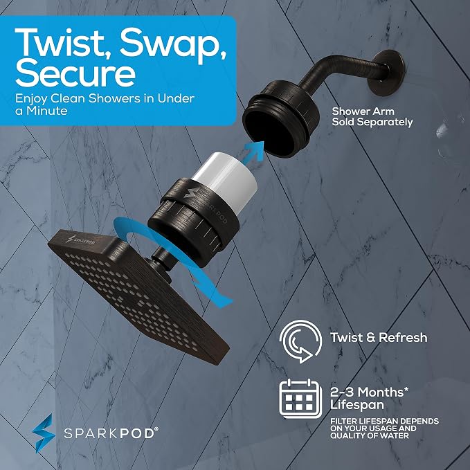 SparkPod 23-Stage Filtered Shower Head, 6" Square, Oil-Rubbed Bronze | Filtered Shower Head for Hard Water Filter, High Pressure, Reduces Chlorine, Heavy Metals, For Dry Skin & Hair