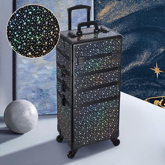 Stagiant Rolling Makeup Case Cosmetology Case on Wheels 4 in 1 Large Makeup Travel Case Nail Kits Organizer Train Case with Key Make Up Artist Salon Storage Traveling Cart Trunk Black Star