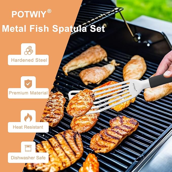 POTWIY Fish Spatula Stainless Steel, 2 Pcs Metal Spatula Set for Kitchen and Grilling, Slotted Turner with Silicone Handle for Cast Iron Skillet, Cooking Utensils for Fish, Burger, Egg, 13.5" & 11.6"