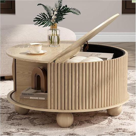 JOINICE Round Coffee Table with Storage, 31.5" Natural Oak Fluted Drum Center Table, Scandi Japandi Wood Circle Table with Sliding Door & Bun Feet for Living Room