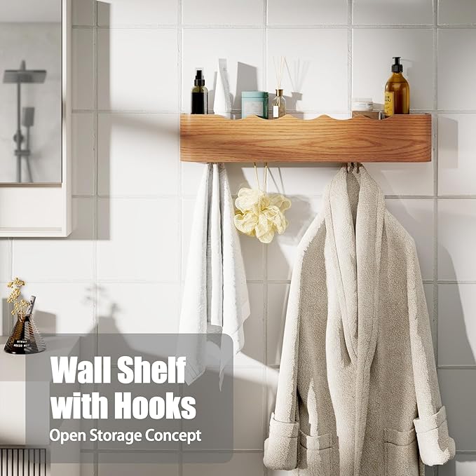 Coat Rack Wall Mount with Shelf 8 Hidden Hooks Modern Wooden Key Holder Entryway Organizer for Hallway Bedroom Bathroom Home Decor Storage for Hanging Coats Hats Bags Towels, Wave-Shape Oak