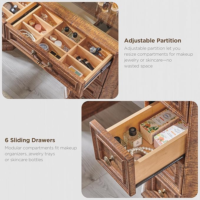 Makeup Vanity Desk with 48" HD Lighted Mirror, Farmhouse Vanity Table with 8 Drawers, Vanity Desk with 3 Color Modes, Dressing Table with Glass Top and Charging Station for Bedroom