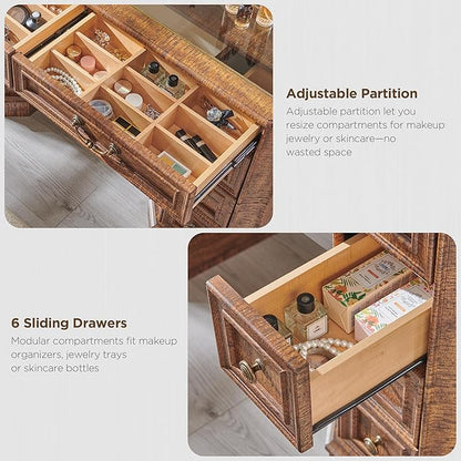 Makeup Vanity Desk with 48" HD Lighted Mirror, Farmhouse Vanity Table with 8 Drawers, Vanity Desk with 3 Color Modes, Dressing Table with Glass Top and Charging Station for Bedroom