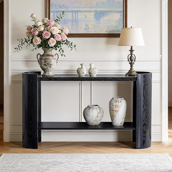 53" Console Table for Entryway, Narrow Sofa Entrance Table with Faux Mars Marble Pattern, Modern Sofa Tables with Storage Shelf for Living Room, Hallway, Foyer, Home Office, Black