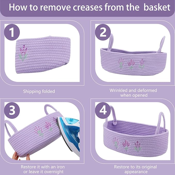 Vesici Storage Basket for Toilet Tank Top Lavender Purple Woven Cotton Rope Bathroom Countertop Toilet Paper Basket with Handle Boho Bathroom Decor for Organizer Nursery Toys 13 x 6 x 4 Inch
