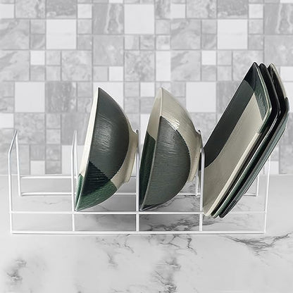 YBM Home Wire Dish Storage Rack for Plates, Cutting Boards, Bakeware, Pots and Pans, Serving Trays, Lids, and Other Cookware, 4 Section Plate Holder for Cabinets and Cupboards, White 2551