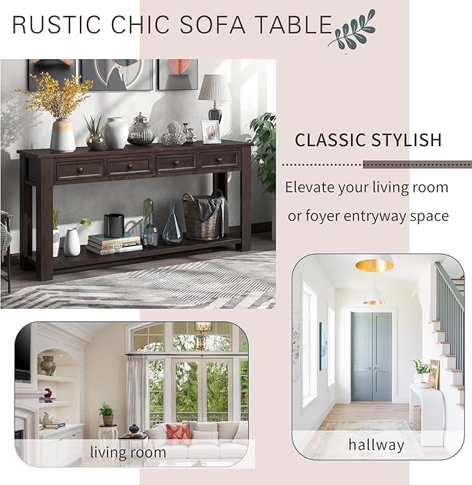 Console Table Hallway Sofa Entryway Side Table 63" Long Furniture with 4 Drawers and Bottom Shelf for Living Room Home Decor (Espresso)