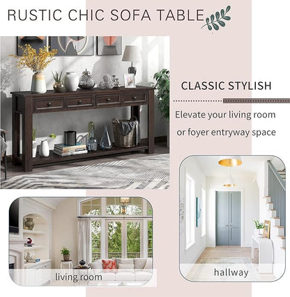 Console Table Hallway Sofa Entryway Side Table 63" Long Furniture with 4 Drawers and Bottom Shelf for Living Room Home Decor (Espresso)