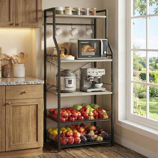 SunnyFurn Kitchen Bakers Rack, 5 Tier Coffee Bar Station with 2 Large Wire Basket, Microwave Stand with 8 s-Shaped Hooks, Open Kitchen Storage Shelves for Spices, Pots and Pans, Black & Gray