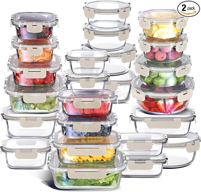 Nestl 48pc Glass Storage Containers with Lids, 24 Glass Food Storage Containers with 24 Airtight Lids for Pantry & Kitchen, Meal Prep Containers for Lunch, Oven Microwave & Dishwasher Safe, Cream