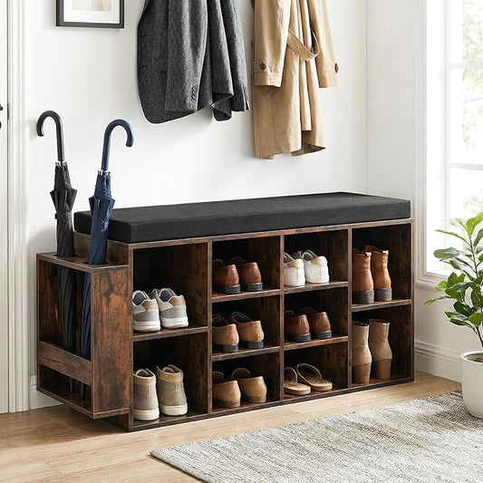 Tangkula Shoe Storage Bench with Umbrella Holder, 40" Shoe Organizer with Cushioned Seat, 10 Cubbies & Adjustable Shelves, Wooden Industrial Shoe Rack for Entryway, Living Room, Bedroom (Rustic Brown)