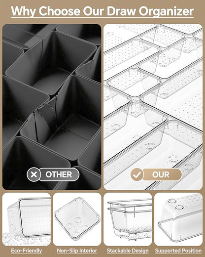 KEMETHY 25 PCS Plastic Drawer Organizers Set, 4 Sizes Vanity Organizer, Makeup and Desk Drawer Organizer Trays, Organization and Storage for Makeup, Bathroom, Kitchen Utensils and Office (Clear)