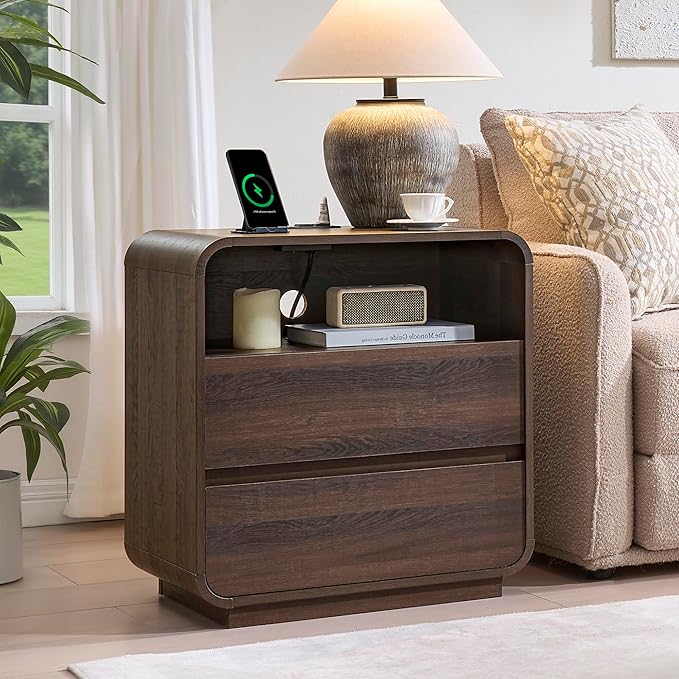 Walnut Curved Nightstand Set of 2 with Charging Station, 23.2" Wide Wood Bedside Table 2 Storage Drawers, Modern Side Table Handleless, Large End Table Night Stand for Bedroom