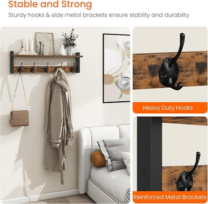 Homode Coat Rack with Wall Mount, 24 Inch Long Entryway Wall Shelf with Hooks, Wood Hanger with Storage Shelf for Bathroom, Hallway, Rustic Brown Black