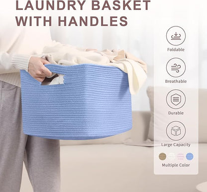 SunNewt 45L Small Baby Girls Laundry Basket for Nursery Storage,Cute Woven cotton Rope Baskets for Kids Toy，Gifts, Boho Square Wicker Blanket hamper for Living Room,Bedroom Dirty Clothes,Blue Purple