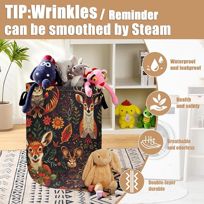 Retro Deer Owl Fox Laundry Basket, Foldable Wild Animals Floral Laundry Hamper Tote Bag Dirty Clothes Storage Bucket Toy Organizer for Bathroom/Laundry/Bedroom 15.7"x19.6"