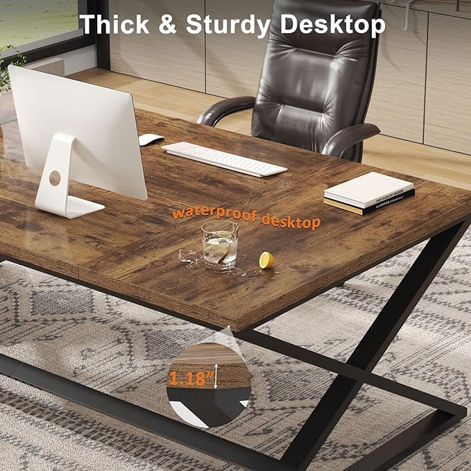 IBF 70.8" Rustic Computer Desk, Extra Long Wood Office Desk for Home, Industrial Metal Large Work Study Writing Table, Dual Monitor Pc Workstation Computer Table for Two Person, Rustic Brown