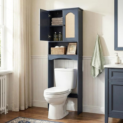 Over The Toilet Storage Cabinet, Above Toilet Organizer with 2 Rattan Doors, Modern Blue Finish, 24x70 inch Space Saving Freestanding Bathroom Cabinet