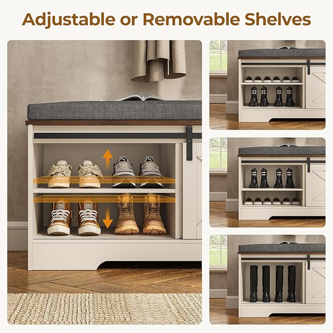 60“ Farmhouse Storage Bench with Cushion, Shoe Rack with Slide Barn Doors, Adjustable Shelf and 2 Drawer for Entry, Bedroom, Closet, Living Room, Hallway (White Brown, 60 in)