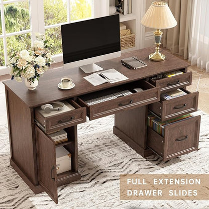 CARPETNAL 58'' Farmhouse Executive Desk with Drawers, Home Office Desk with File Drawer and Storage Cabinet, Rustic Computer Desk for Working, Studying, Writing, Brown