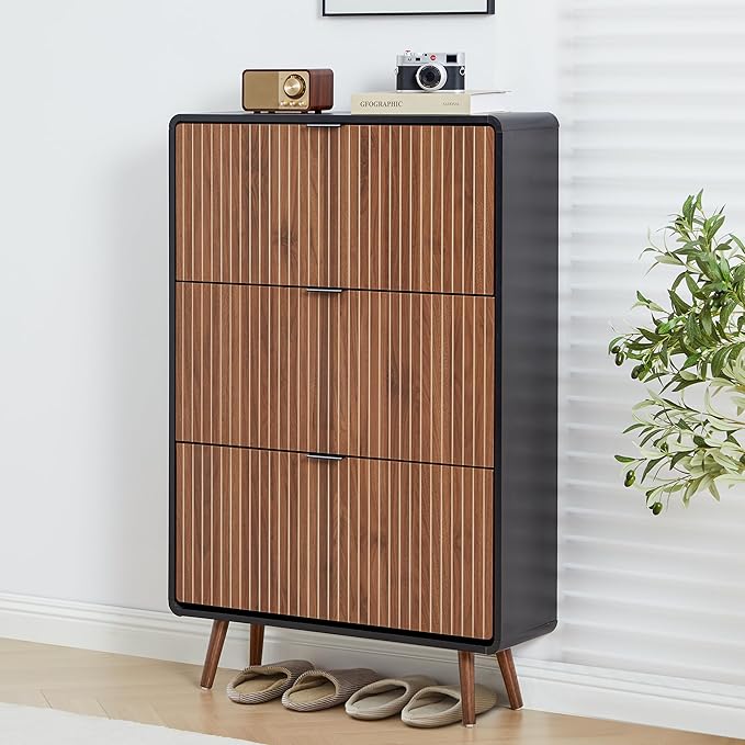 47" Fluted Shoe Cabinet with 3 Flip Drawers, Slim Freestanding Hidden Shoe Cabinet Organizer, Narrow Shoes Storage Rack for Entryway(Walnut with Black, 3 Drawers)