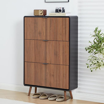 47" Fluted Shoe Cabinet with 3 Flip Drawers, Slim Freestanding Hidden Shoe Cabinet Organizer, Narrow Shoes Storage Rack for Entryway(Walnut with Black, 3 Drawers)