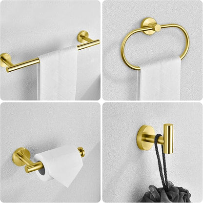 Bathroom Hardware Set, 7 Pcs Bathroom Towel Rack Stainless Steel Bath Hardware Kit Including 16" Hand Towel Bars, Toilet Paper Holders, Towel Rings, Robe Towel Hooks (Gold)