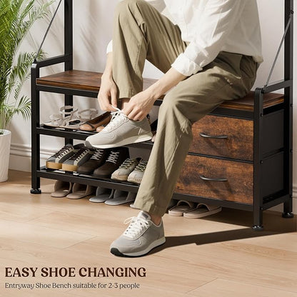 Lulive Hall Tree with Bench and Shoe Storage, 39.4” Entryway Bench with Coat Rack freestanding, 5 in 1 Entryway Furniture Organizer Large Coat and Shoe Rack with 21 Hooks and Drawers, Rustic Brown