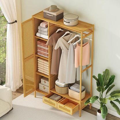 Giantex Bamboo Clothes Rack with Shelves, Freestanding Garment Rack w/Rattan Door, Hanging Rod, Storage Shelf, 2 Drawers, 7-Tier Heavy Duty Wardrobe Closet Organizer w/Cabinet for Entryway Bedroom