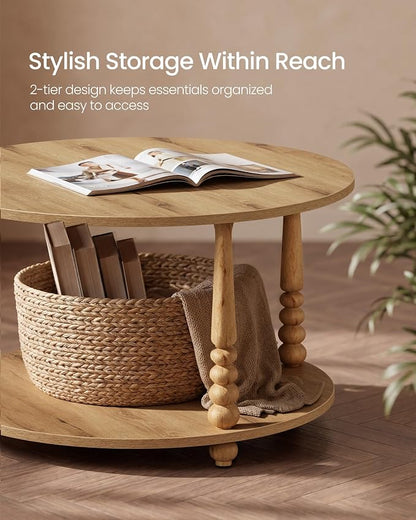 VASAGLE Round Coffee Table, 2-Tier Center Table with Storage, Solid Wood Legs, Mid-Century Modern, 31.5 Dia. x 17.7 H Inches, for Living Room, Natural Brown, Mariel Collection ULCT277HC02S