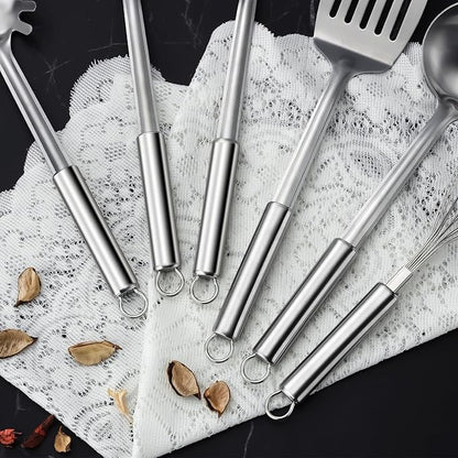 Gymdin 6-Piece Kitchen Cooking Utensils Set, Stainless Steel Kitchen Utensils with Suspendable Handle, Spatula, Slotted Turner, Soup Ladle, Slotted Spoon, Whisk, Pasta Server, Dishwasher Safe